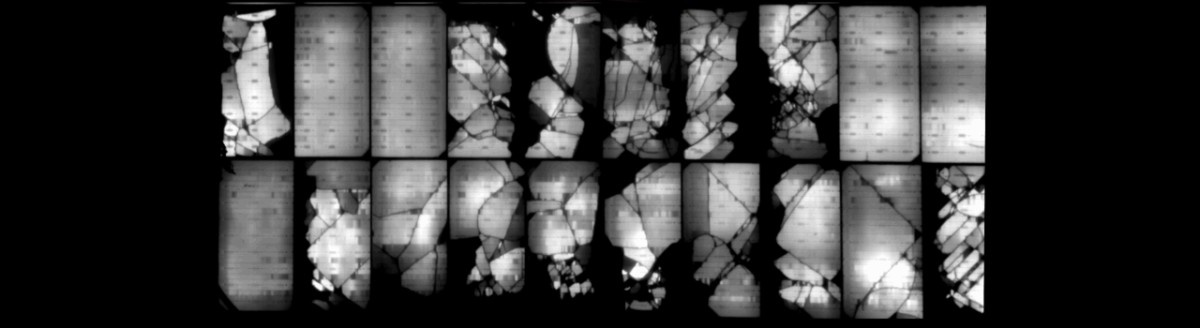 Solar panel testing equipment used in PV module manufacturing. Showing panel with defects.
